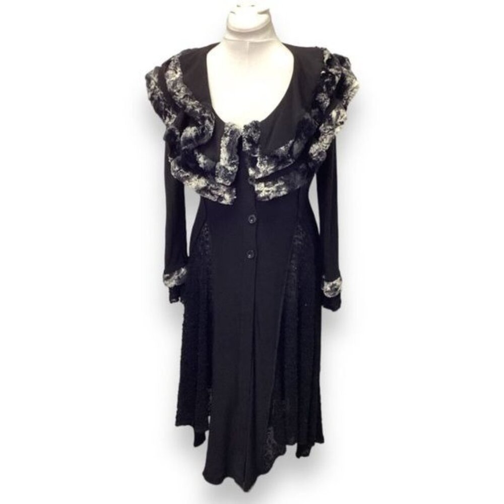 Joseph Ribkoff Women's Faux Fur Trim Duster Cardigan Glamcore Witchy Gothic 8 - Picture 2 of 9